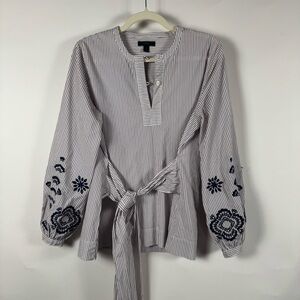 J.Crew Striped Tie-Waist Blouse with Navy Floral Embroidery MEDIUM Boho Indie